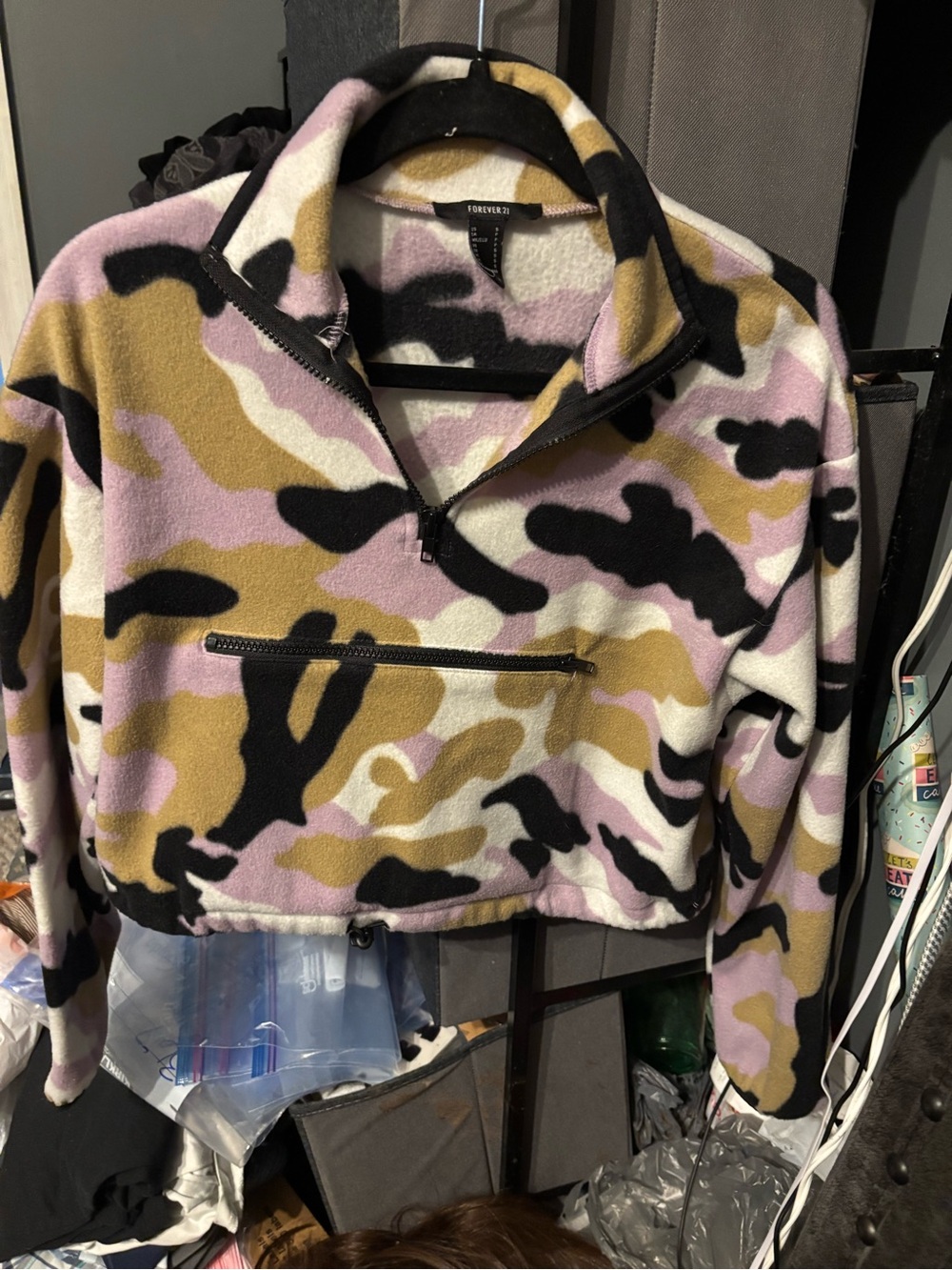 Forever 21 Pink, Black & Tan Camo Half‑Zip Fleece Pullover